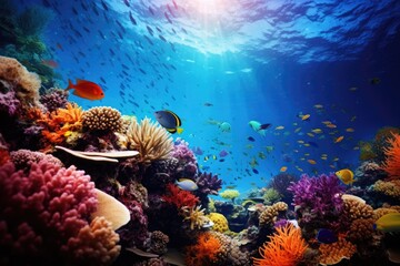 Naklejka na ściany i meble Underwater View of Colorful Coral Reef Teeming With Marine Life, Underwater life of the Red Sea, showcasing a colorful and beautiful underwater world, AI Generated