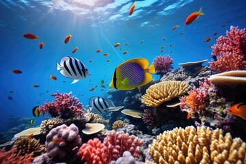 A diverse group of fish swim over a vibrant and colorful coral reef, Underwater view of a coral reef with various fishes and a yellow butterflyfish, AI Generated - Powered by Adobe