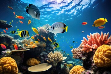 Fototapeta na wymiar A vibrant group of fish swimming gracefully over a lively and colorful coral reef, Underwater view of a coral reef with various fishes and a yellow butterflyfish, AI Generated