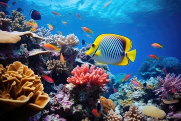 Fototapeta na wymiar A fish gracefully glides over a stunning and colorful coral reef teeming with life, Underwater view of a coral reef with various fishes and a yellow butterflyfish, AI Generated