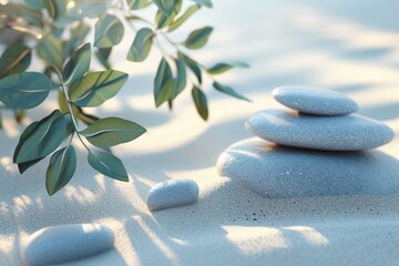 Obraz na płótnie Canvas Natural Harmony: Sage Twig and Pebble Rocks on Sand - Serene Botanical Background