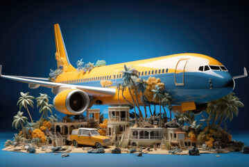Obraz premium Yellow and blue passenger plane is flying over the city. The concept of summer holidays and travel