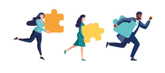 Jigsaw puzzles are great element of team work and search for ideas. Business teamwork together people connect puzzle elements, Businessman, African American, girls. Vector illustration in flat style