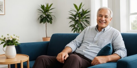 A smiling senior man comfortably seated on a blue sofa, exuding warmth and relaxation at home.

