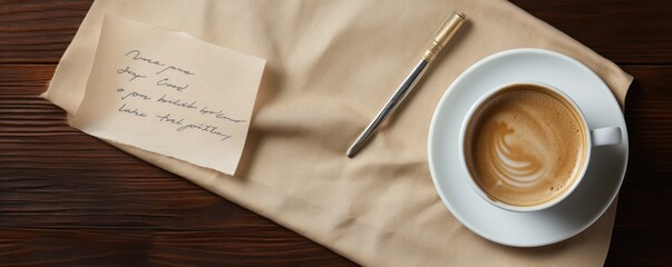 handwriting on a napkin with a cup of coffee copy space - obrazy, fototapety, plakaty