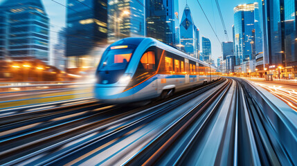 A modern high-speed train racing through a contemporary urban setting.