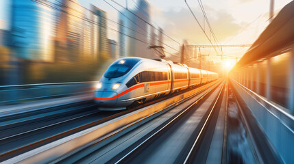 A modern high-speed train zooming through a contemporary cityscape at sunset.