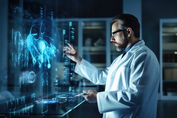 A scientist wearing a lab coat observes a computer screen displaying data in a laboratory, View of a doctor holding a futuristic interface with data, presented in 3D rendering, AI Generated