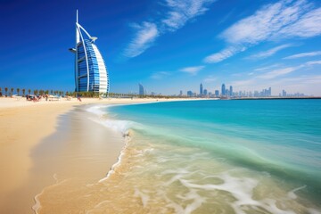 A picturesque beach with a remarkably tall building standing prominently in the distance, View of the luxury beach of Dubai and Burj al Arab, AI Generated - obrazy, fototapety, plakaty