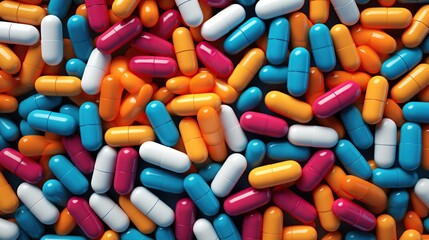 Close-up colorful medical pills and capsules background. Top view and flat. Medicine and healthcare concept - obrazy, fototapety, plakaty