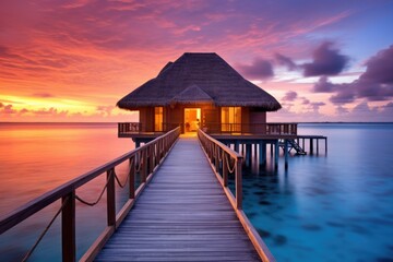 Fototapeta na wymiar Pier Leading to Waterfront Hut, Tranquil Escape on the Water, Water bungalow, Sunset on the islands of the Maldives, A place for dreams, AI Generated