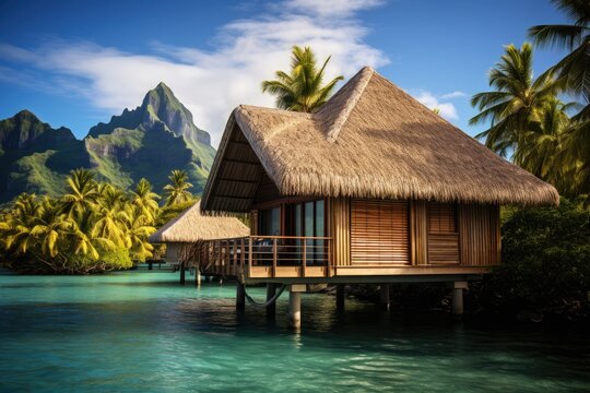 This image features a traditional hut with a thatched roof, perched on the edge of the water, Vista Bungalow Bora Bora, AI Generated
