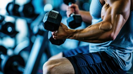 Close-up of a seated male bodybuilder doing exercises with dumbbells.
