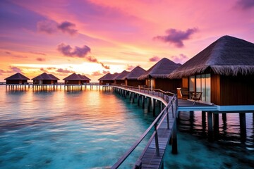 A picturesque dock leads to a line of charming overwater huts set against a serene backdrop, Water villas on Maldives resort island in the sunset, AI Generated