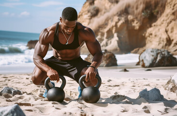 Strong man doing kettlebells on the beach, showcasing strength and fitness in a dynamic seaside workout.