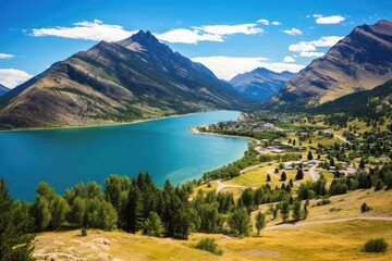 A mesmerizing view of a serene lake nestled amidst breathtaking mountains, Waterton Lakes National Park, a UNESCO World Heritage Site, AI Generated