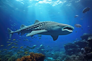 Fototapeta premium A breathtaking image capturing the serene beauty of a hulking whale gracefully swimming through a vibrant coral reef, Whale shark, Rhincodon typus, in a tropical coral reef, AI Generated