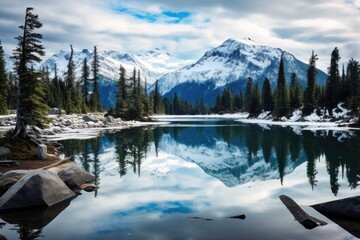 A peaceful lake sits nestled among towering snow-covered mountains and lush trees, Whistler mountain reflects in Lost Lake with a blue hue, AI Generated