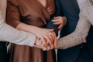 Family warm hugs and handshakes. Emotional support of loved ones. Help from relatives