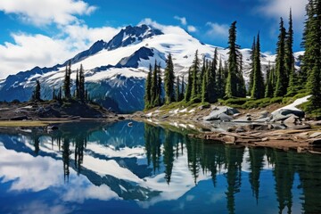 A stunning mountain scenery is reflected flawlessly in the serene stillness of a nearby lake, Whistler mountain reflects in Lost Lake with a blue hue, AI Generated