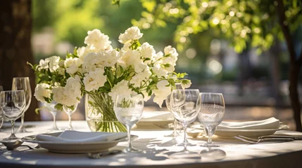 Ingelijste posters Beautiful outdoor table setting with white flowers for a dinner, wedding reception or other festive event © PNG