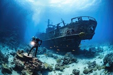 A man confidently stands on top of a submerged rock, embracing the underwater environment, Wreck of a ship in the blue sea, with scuba diving equipment, AI Generated