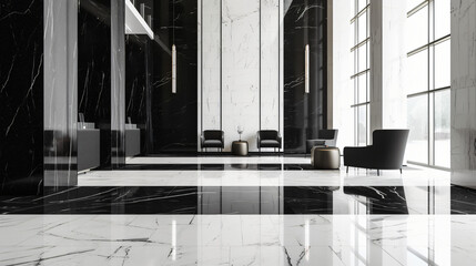 A negative room in a luxury hotel lobby with high contrast black and white marble floors and walls accented with minimalist furniture.