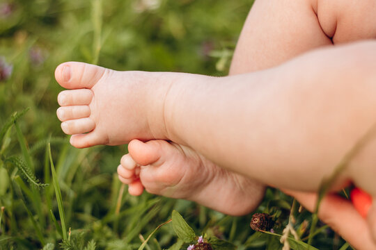 Children's legs on the background of green grass. Baby's first steps. Parents teach the child to walk
