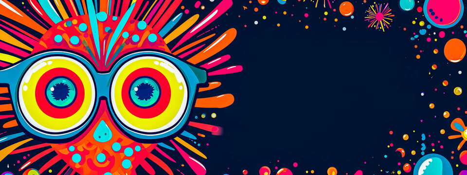 Abstract owl eyes in a burst of vivid colors on dark space