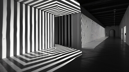 A negative room in a modern art installation featuring interactive black and white optical illusions that challenge the viewers perception.