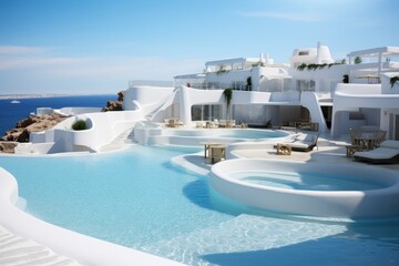 Santorini, Greece. Luxury hotel with swimming pool, Sea view, a luxury modern white beach hotel with a swimming pool, AI Generated