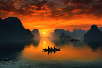 Silhouette of a group of people rowing on a boat in Halong bay, Vietnam, Seascape sunset at Halong Bay, AI Generated