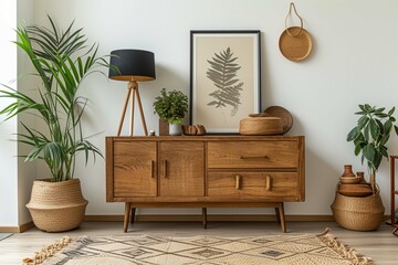 Scandinavian and design home interior of living room with wooden commode, design black lamp, rattan basket, plants and elegant accessories. Stylish home decor. Template. Mock up poster paintings
