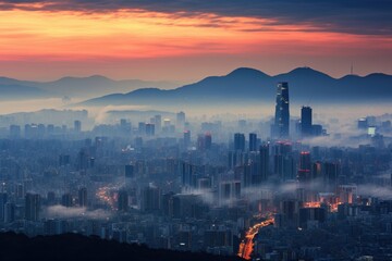 Obraz premium Seoul South Korea city skyline at sunrise with foggy and misty, Seoul Skyline, AI Generated