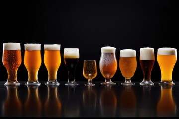 Group of different beer glasses on a black background. Selective focus, Series of beer glasses in various shapes and sizes, filled with different beer styles, AI Generated