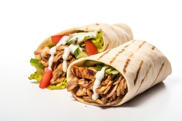 Doner kebab isolated on white background. Traditional mexican fast food, Shawarma or Doner with chicken roll on an isolated white background, AI Generated