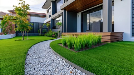 Artificial Grass with houseplants in the lawn. Exterior architectural concept