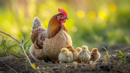 Fototapeta premium Hen with chicks in the morning sun