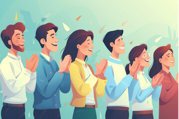 Illustration image capturing the moment of employee recognition with colleagues applauding and celebrating, Focus on the joy and appreciation in their expressions, Business team clapping together