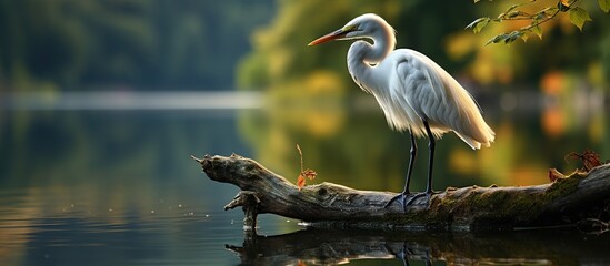 Great white egret or Egretta alba beside a beautiful lake. Concept of natural flora beauty - obrazy, fototapety, plakaty