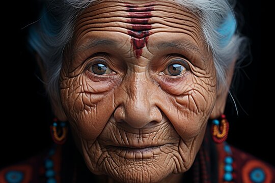 High resolution close up portrait of elderly indian woman in wabi sabi aesthetics