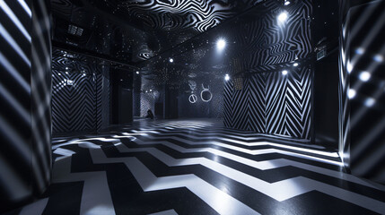 A negative room-themed nightclub with dynamic black and white lighting geometric patterns on the...