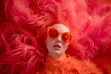 Vibrant Vision, Fashion Model in a Sea of Flamingo Feathers, Coral Allure