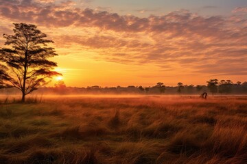 Naklejka na ściany i meble Sunset in the Okavango Delta - Moremi National Park in Botswana, Sunrise over the savanna and grass fields in central Kruger National Park, South Africa, AI Generated