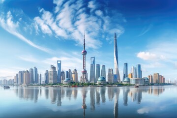 Shanghai Lujiazui Finance and Trade Zone of the modern city, Shanghai skyline panorama with the Huangpu river, China, AI Generated