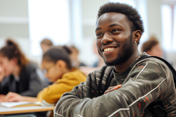 African man at desk in a classroom, representing a focused and studious student in an educational setting.