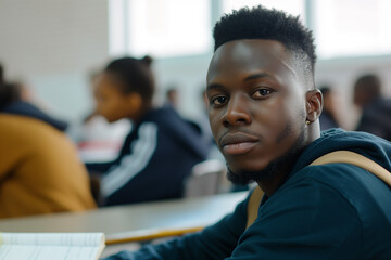 African man at desk in a classroom, representing a focused and studious student in an educational setting.