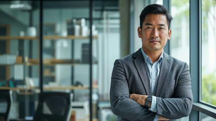 Fototapeta premium Confident Asian Businessman Standing in Office and Looking at Camera. Asian Man CEO And Entrepreneur