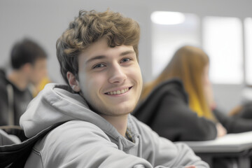 Young man in classroom smiling, radiating positivity and engagement in an educational environment.