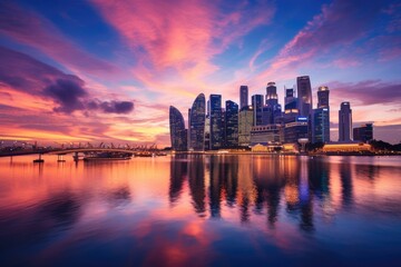 Fototapeta premium Singapore skyline at sunset. Singapore is one of the most popular tourist destinations in the world, Singapore skyline at sunset time in Singapore city, AI Generated